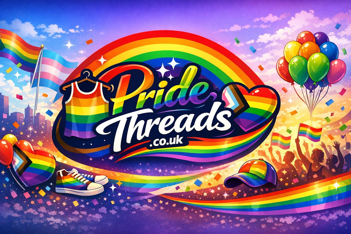 Pride Threads co.uk logo with rainbow colors, flags, and balloons on a colorful background.
